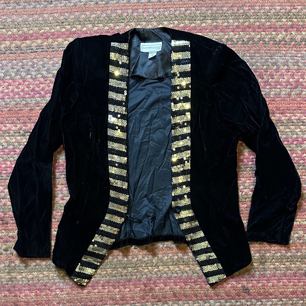 Scott McClintock Black Velvet Sequin Trim Open Blazer